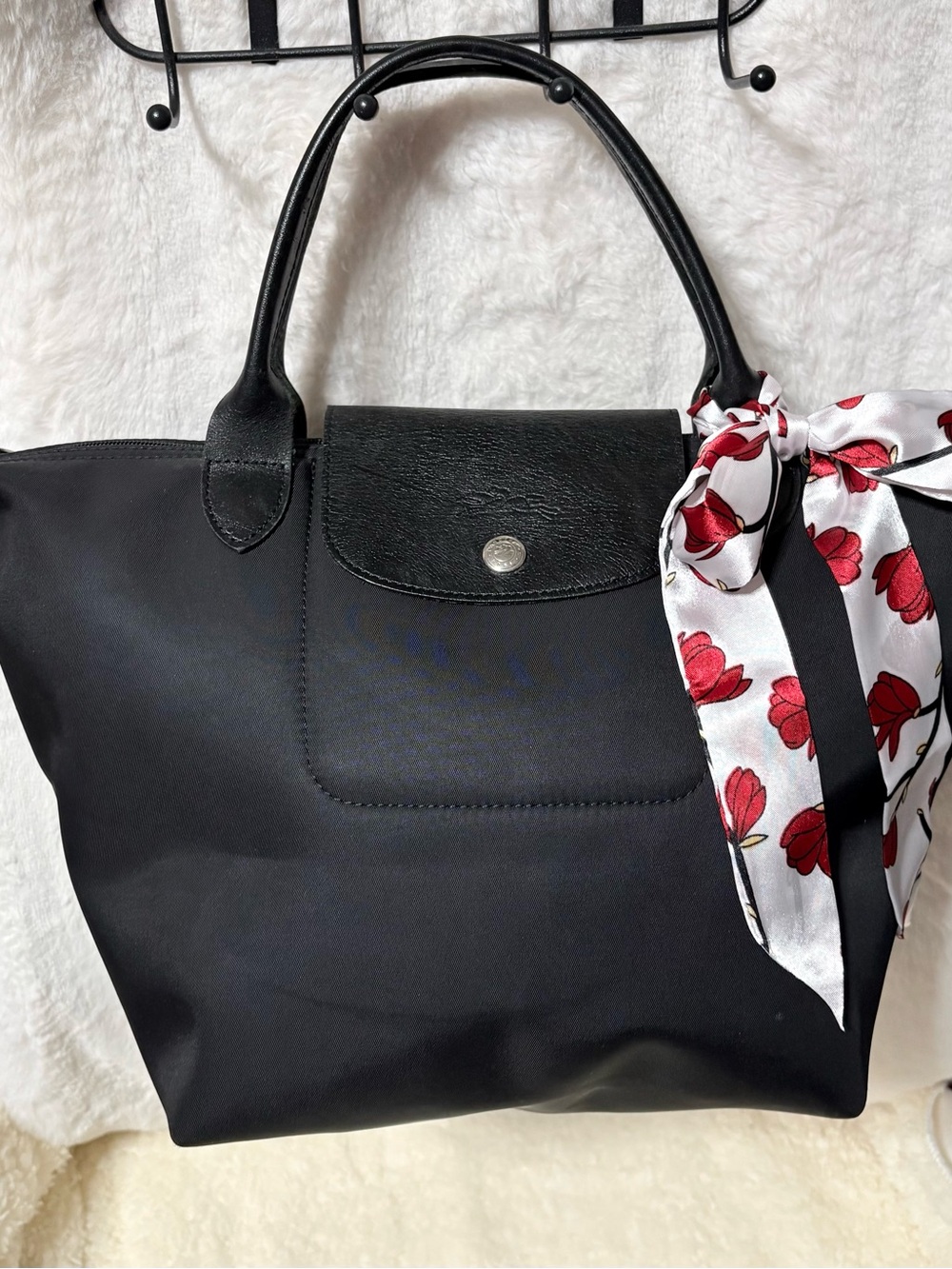 Longchamp Black Nylon Tote with Red Floral Scarf Accent